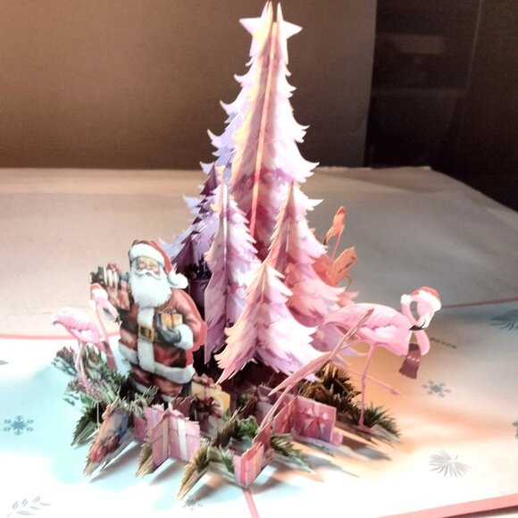 3D Christmas Card Flamingo Tree Santa Pink - Picture 3 of 14